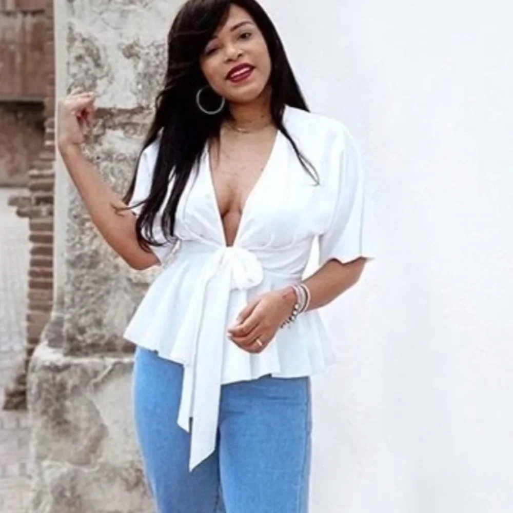 White Peplum Top V-Neck Half Sleeve Front Ties - Picture 10 of 12